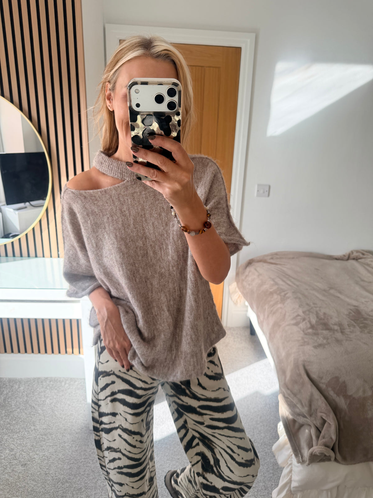 Slash Neck Jumper Oatmeal Short Sleeve