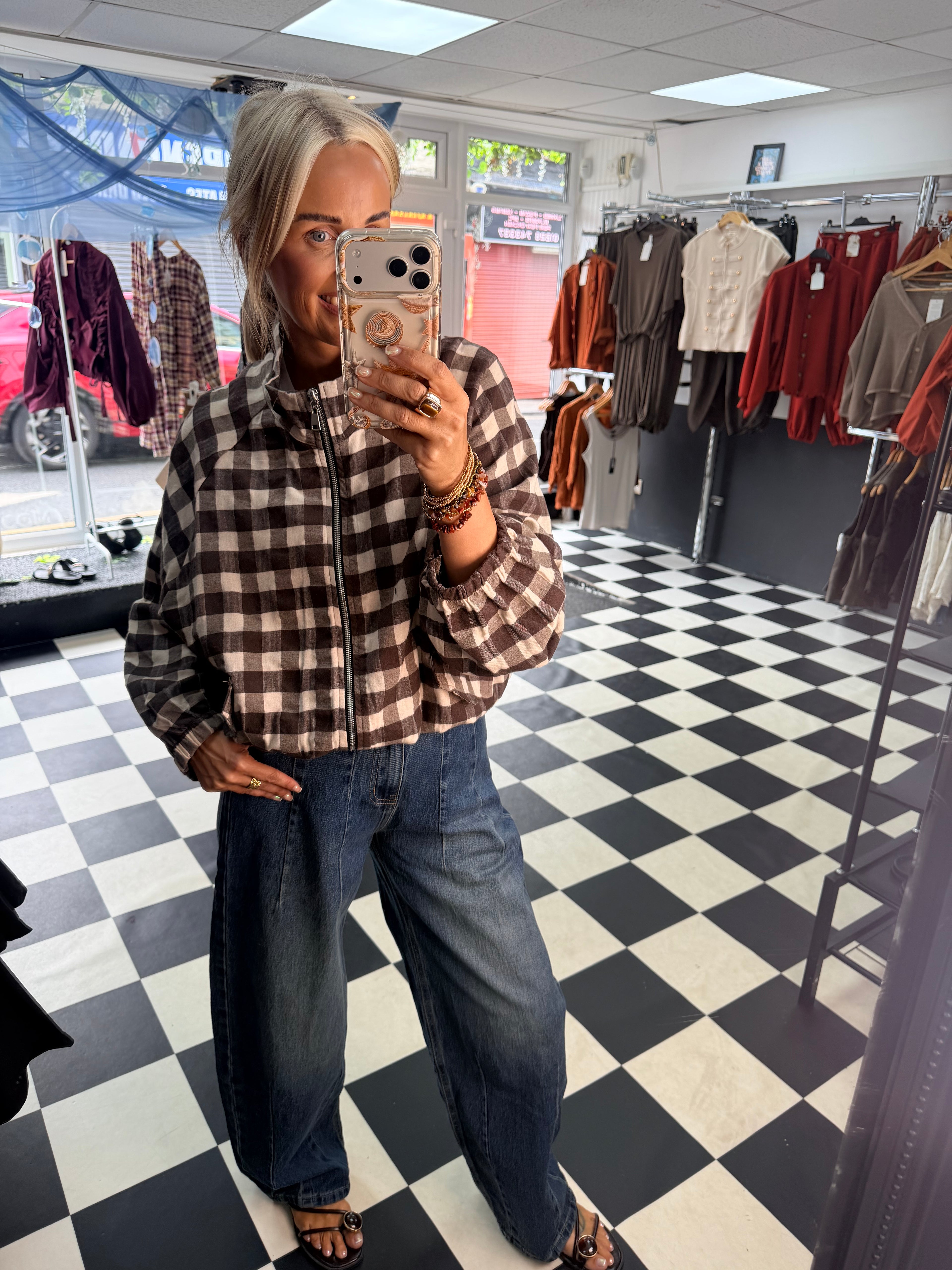 Check Bomber Jacket Chocolate