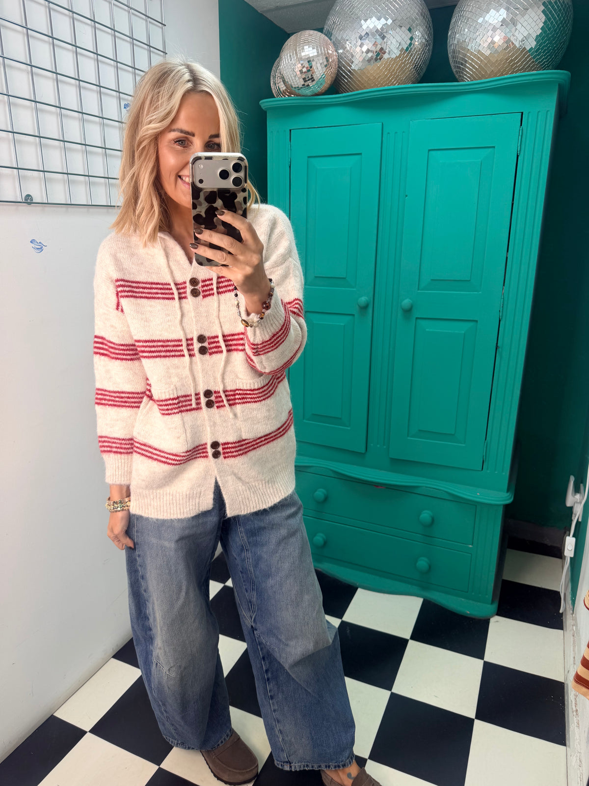 Stipe hooded cardigan Cream and Red