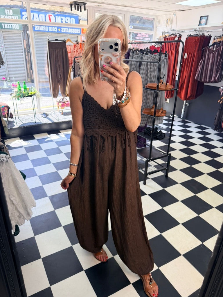 Boho Crochet Jumpsuit Chocolate