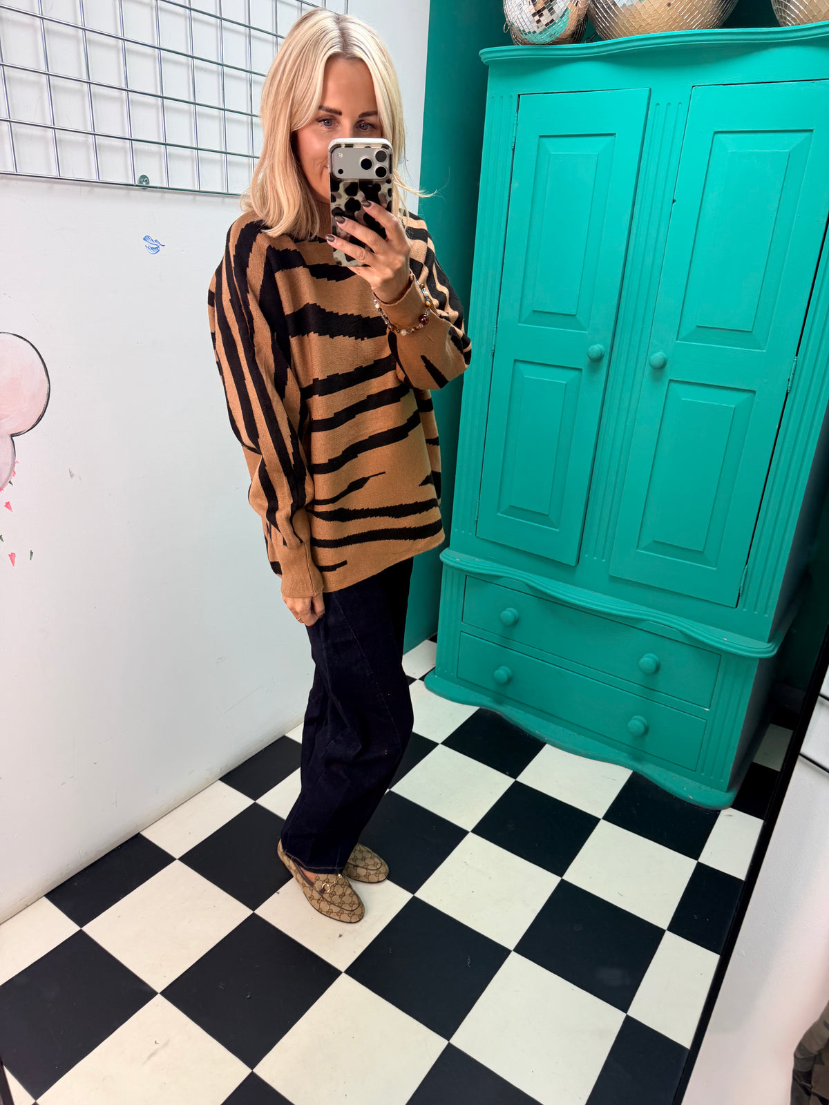 Turtle Neck Jumper Lightning Print Tan Special Buy