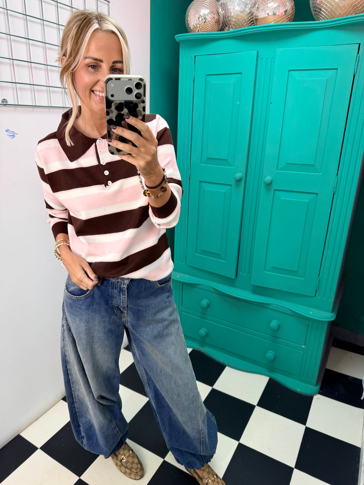 The Stripe Club Polo Jumper Chocolate -Cream -Pink Special buy