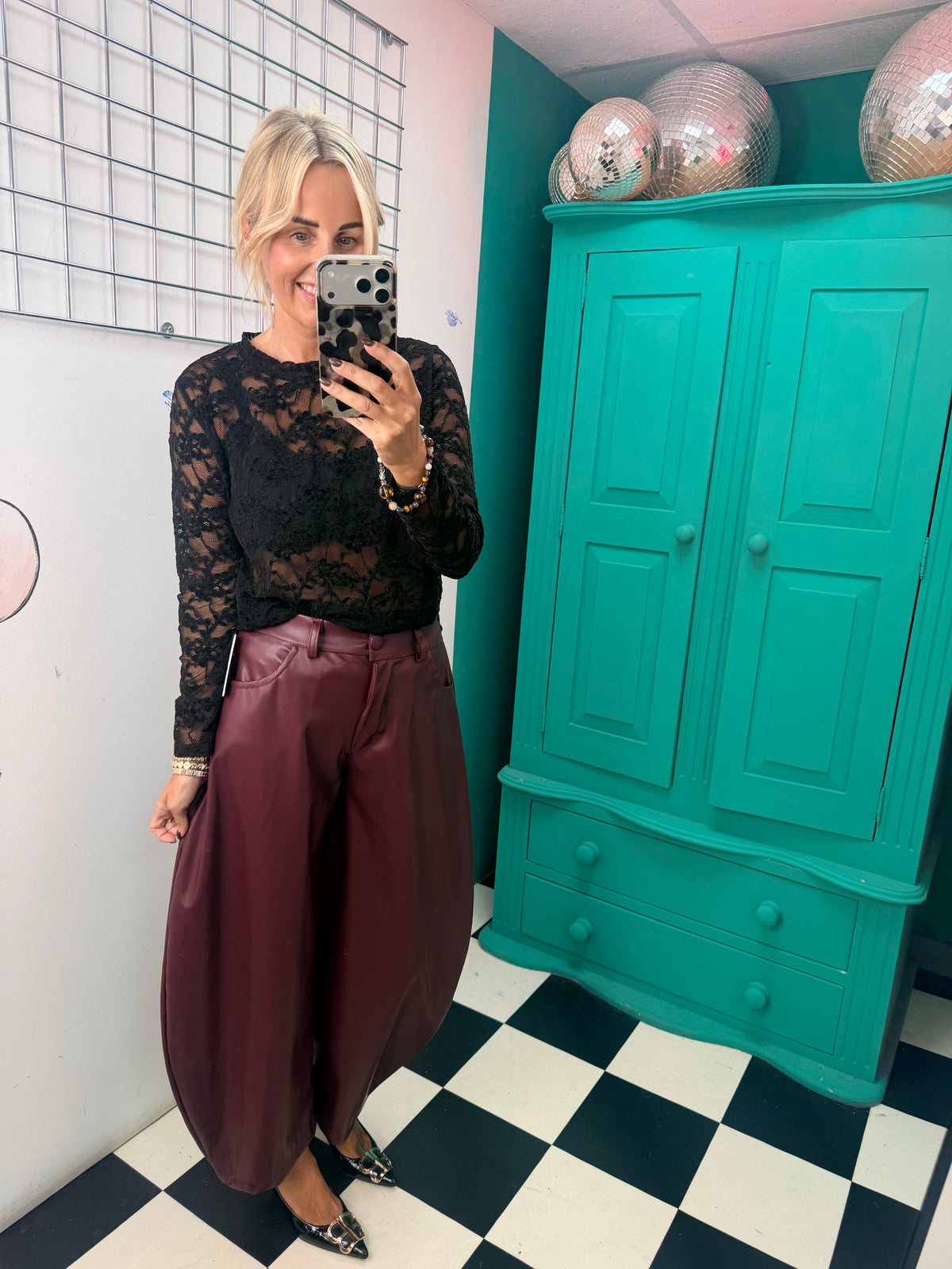 Bella Faux Leather Barrel Trousers Wine