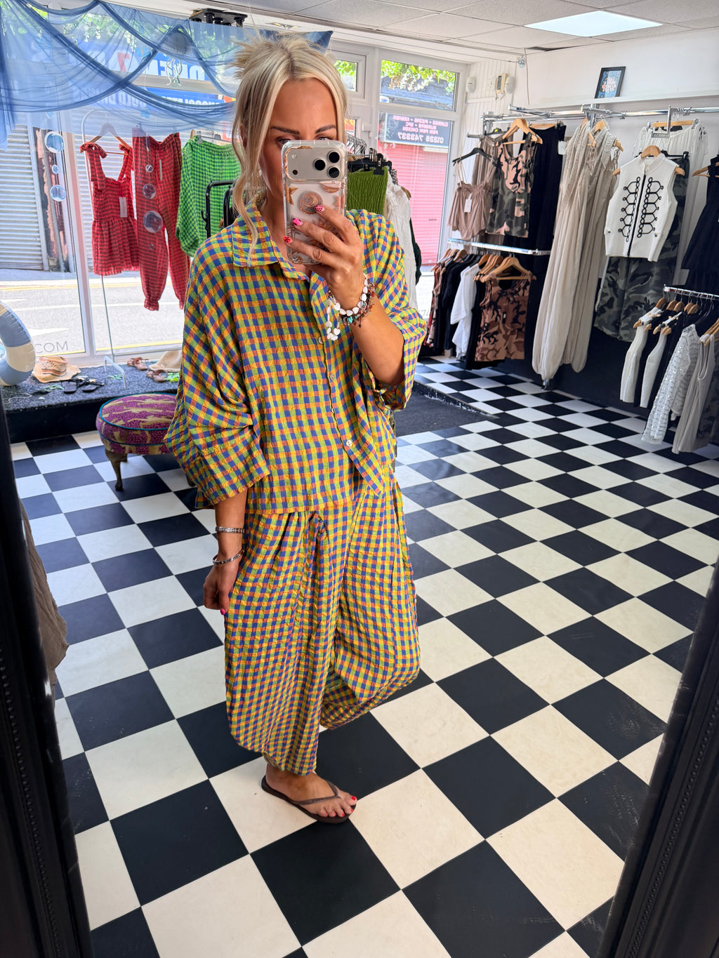 Neon Gingham barrel leg trouser Green and blue