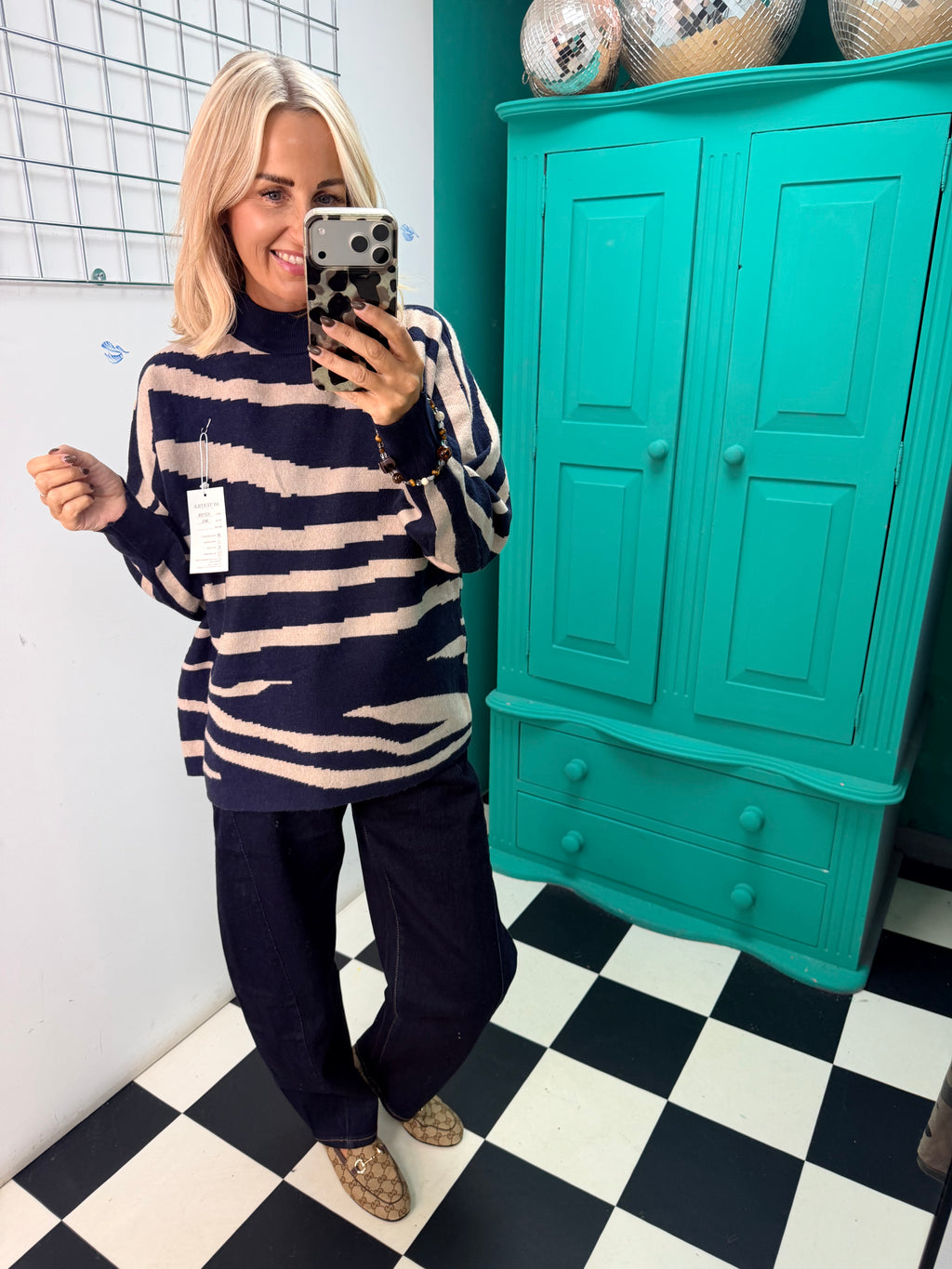 Turtle Neck Jumper Lightning Print Navy Special Buy