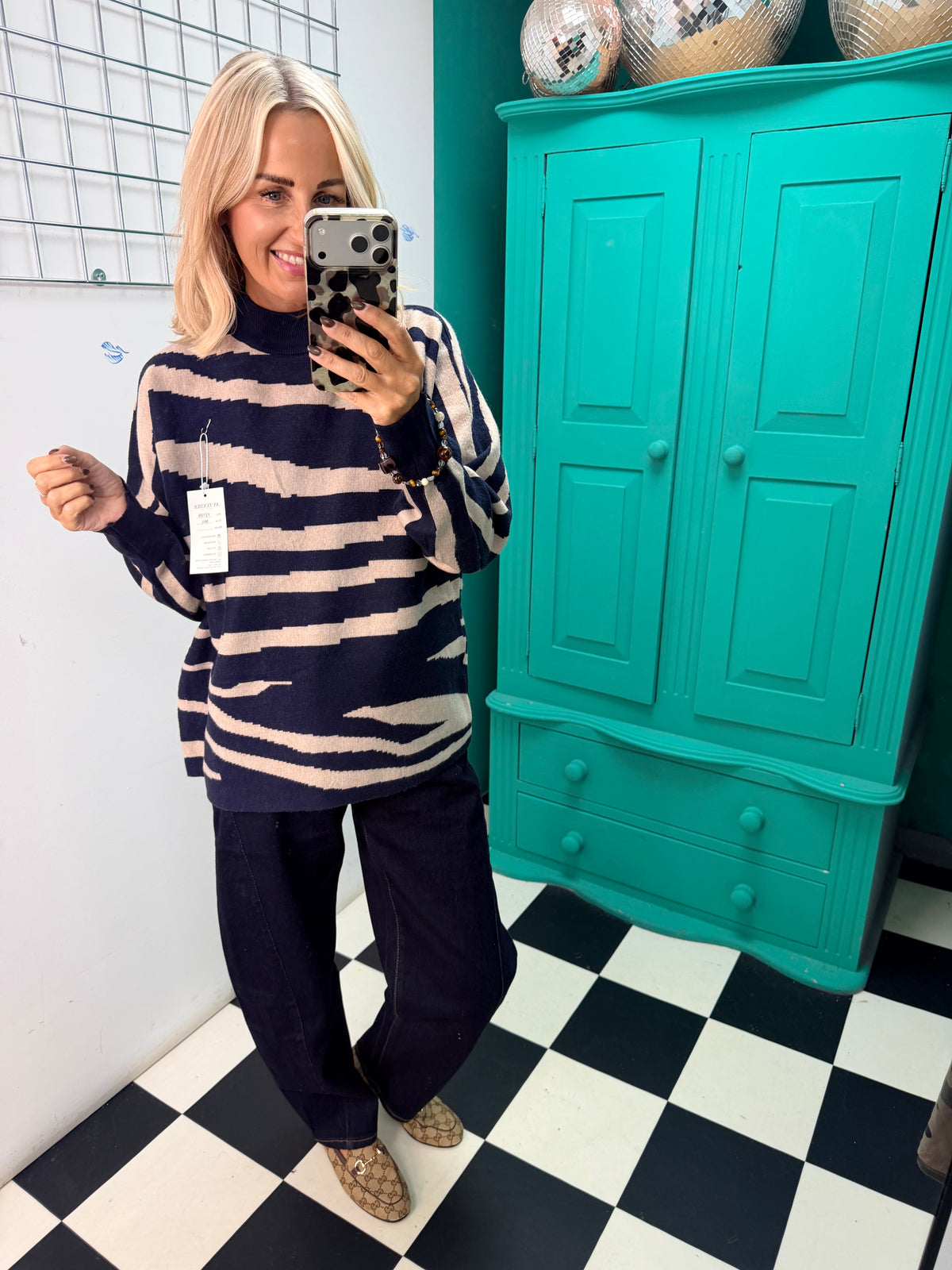 Turtle Neck Jumper Lightning Print Navy Special Buy