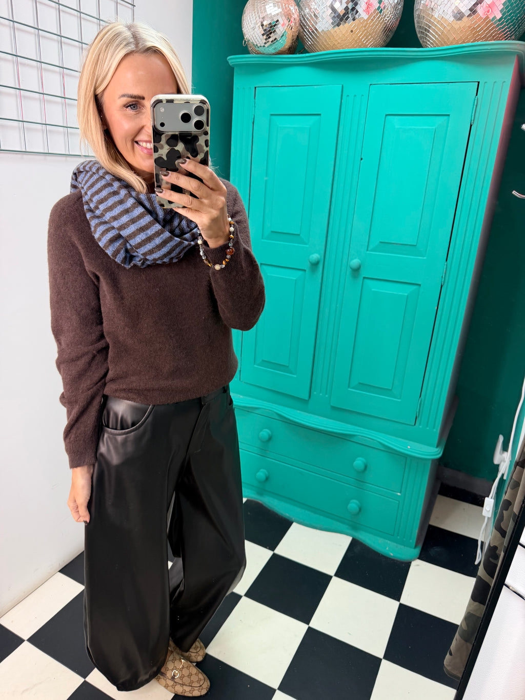 Blue and Mocha stripe knit scarf