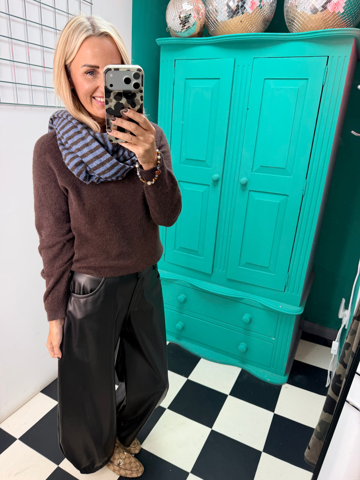 Blue and Mocha stripe knit scarf