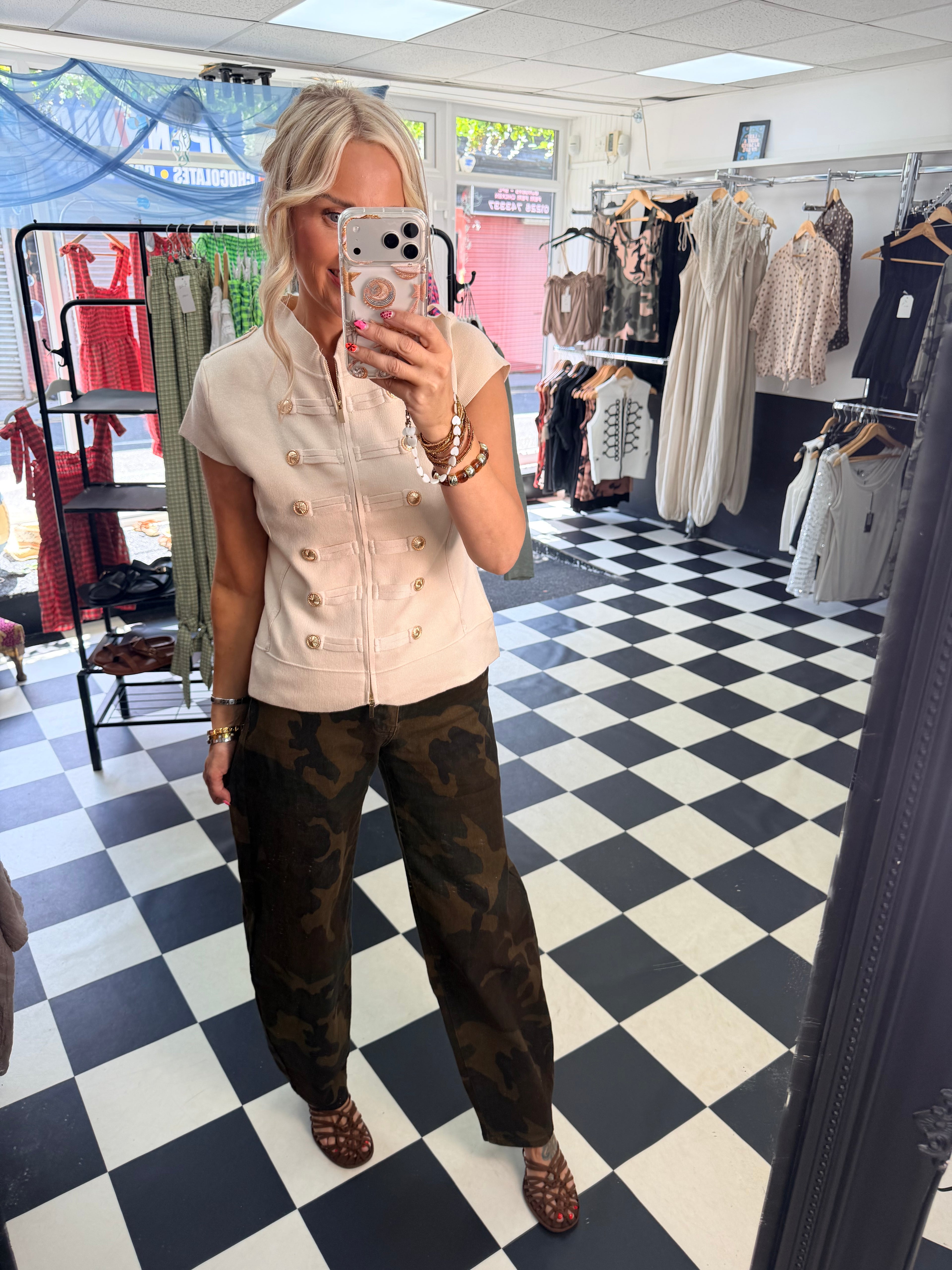 Military Cap Sleeve Waistcoat Cream