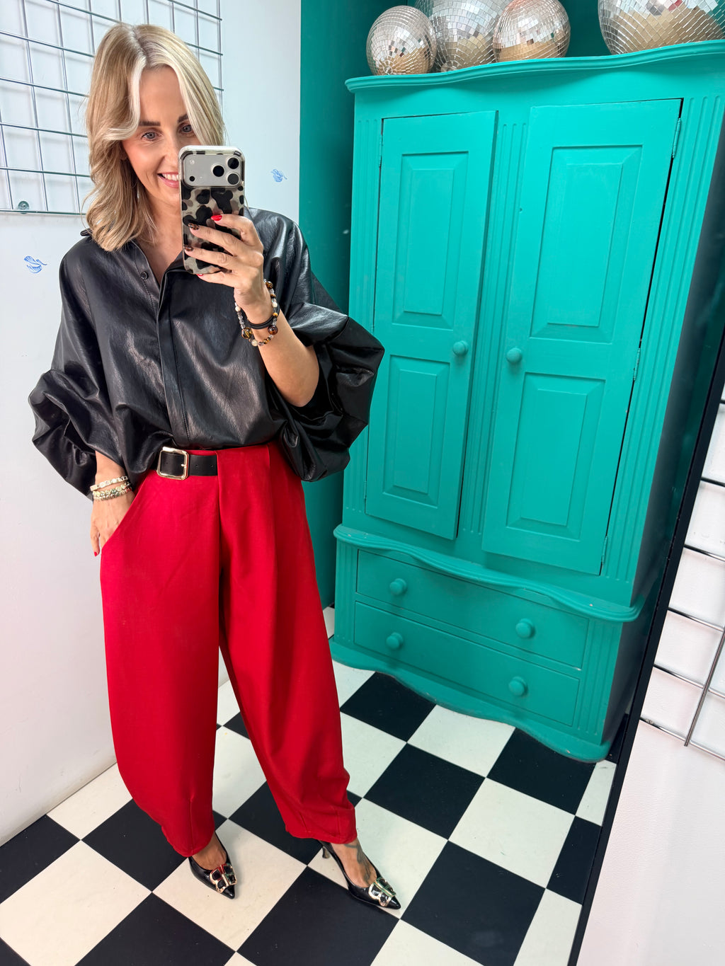The Harper Half Belt Barrel Trousers Red Pre Order Due in within a week