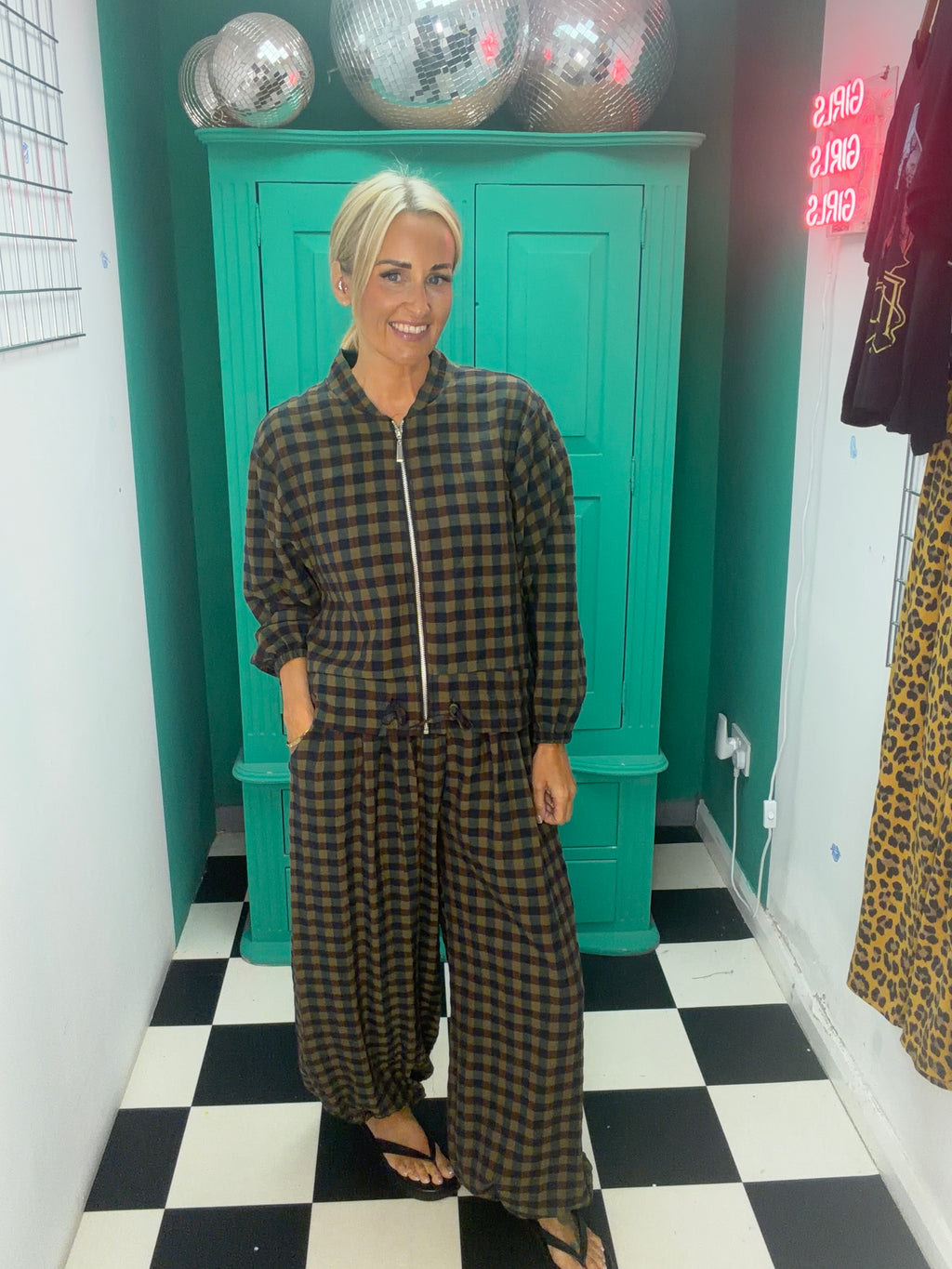 Autumn Check Balloon Trousers Green/Navy