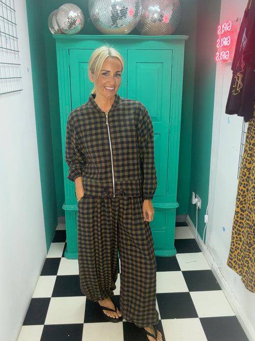 Autumn Check Balloon Trousers Green/Navy
