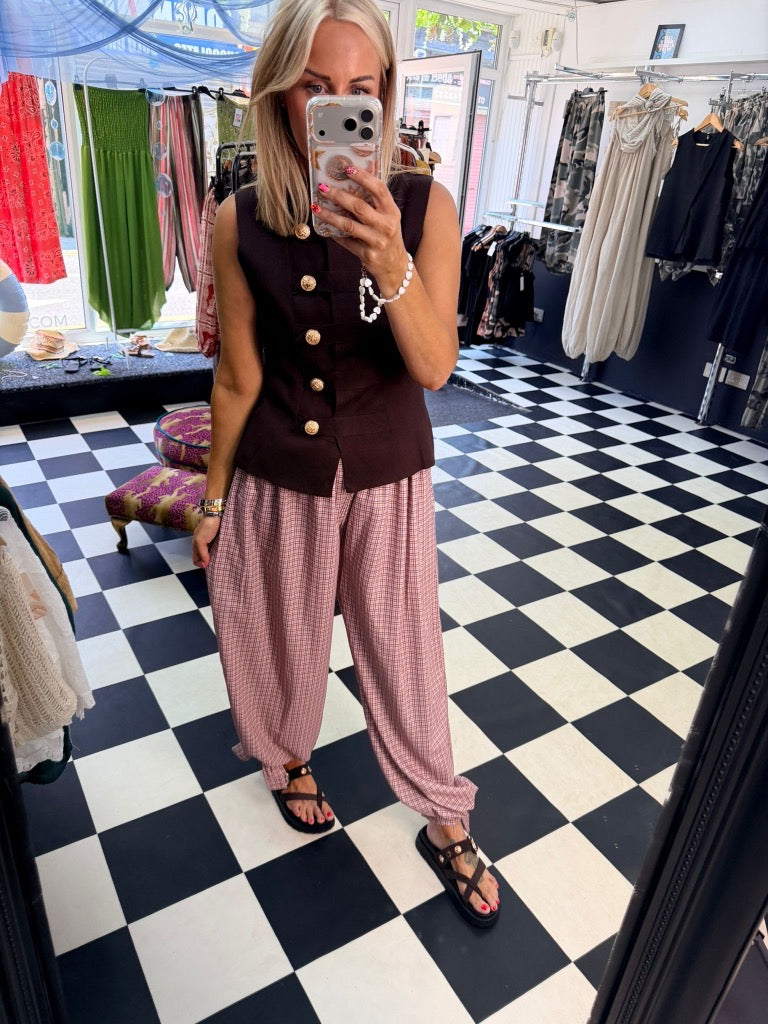Check Tie Hem Trousers Rose Pink