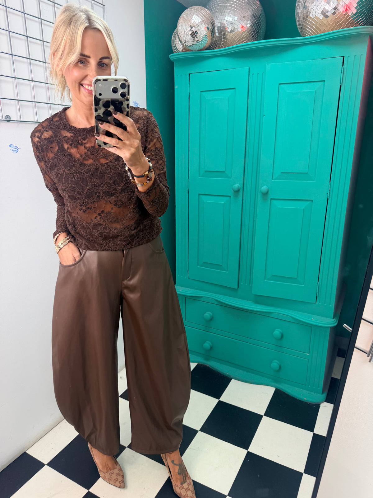Bella Faux Leather Barrel Trousers Chocolate