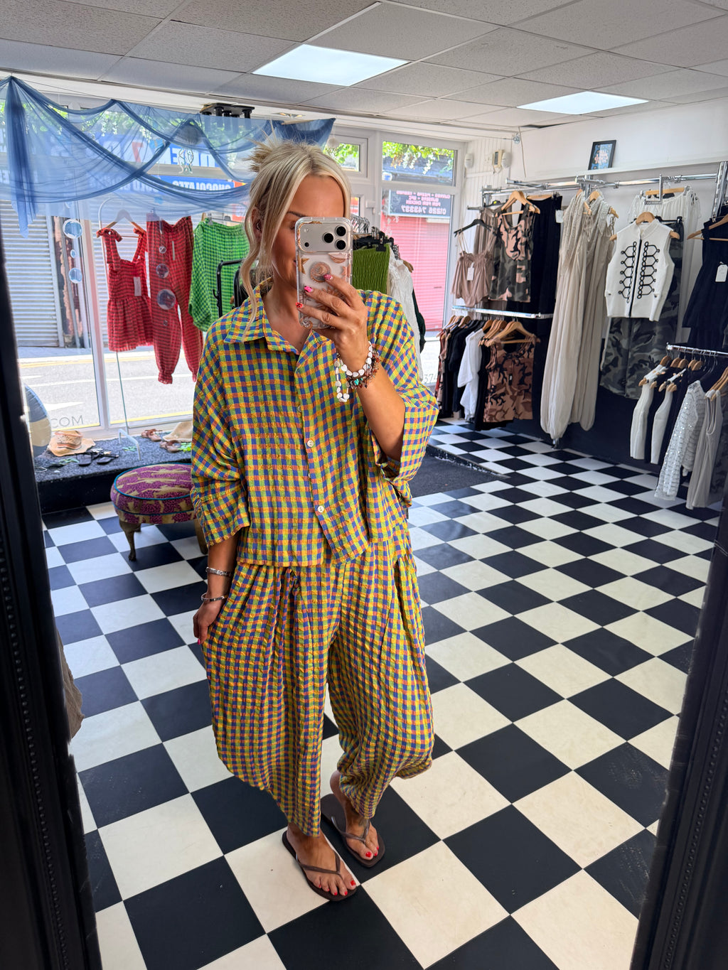 Neon Gingham barrel leg trouser Green and blue