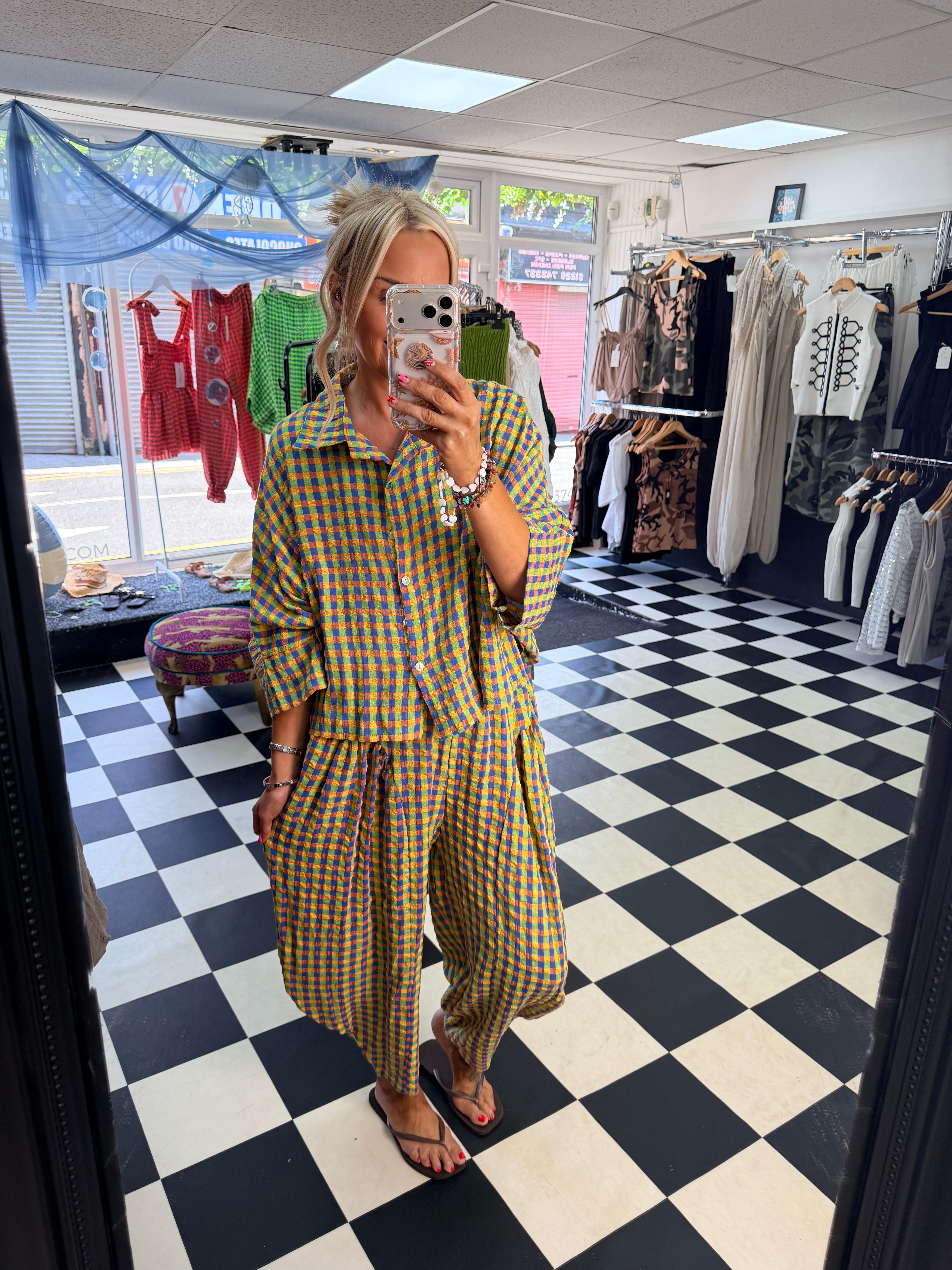 Neon Gingham barrel leg trouser Green and blue