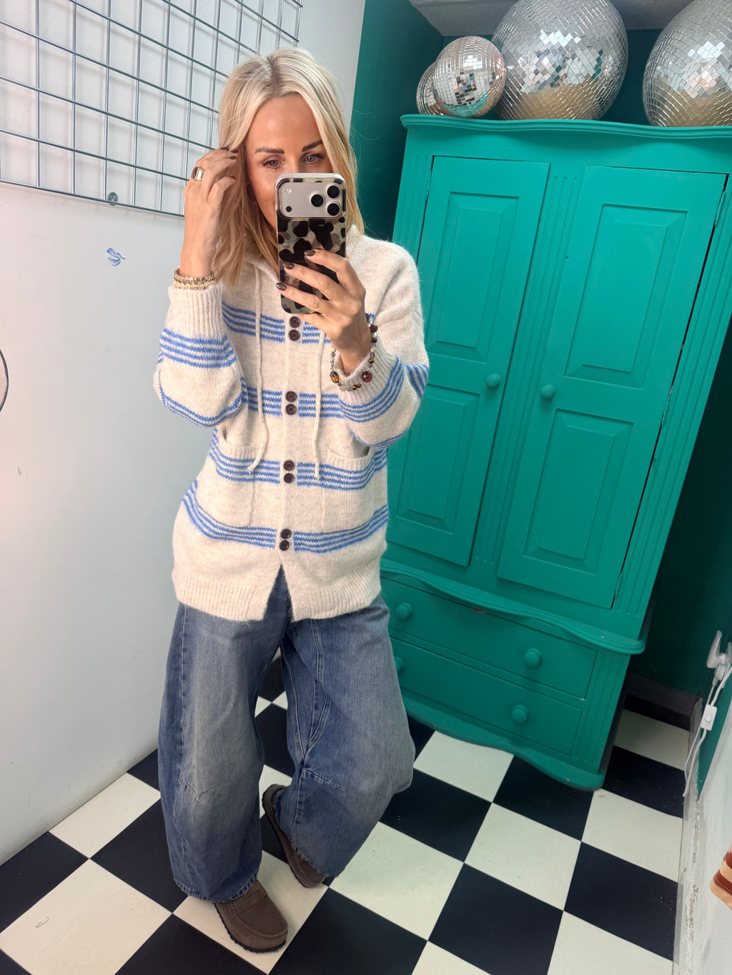 Stipe hooded cardigan Cream and Blue
