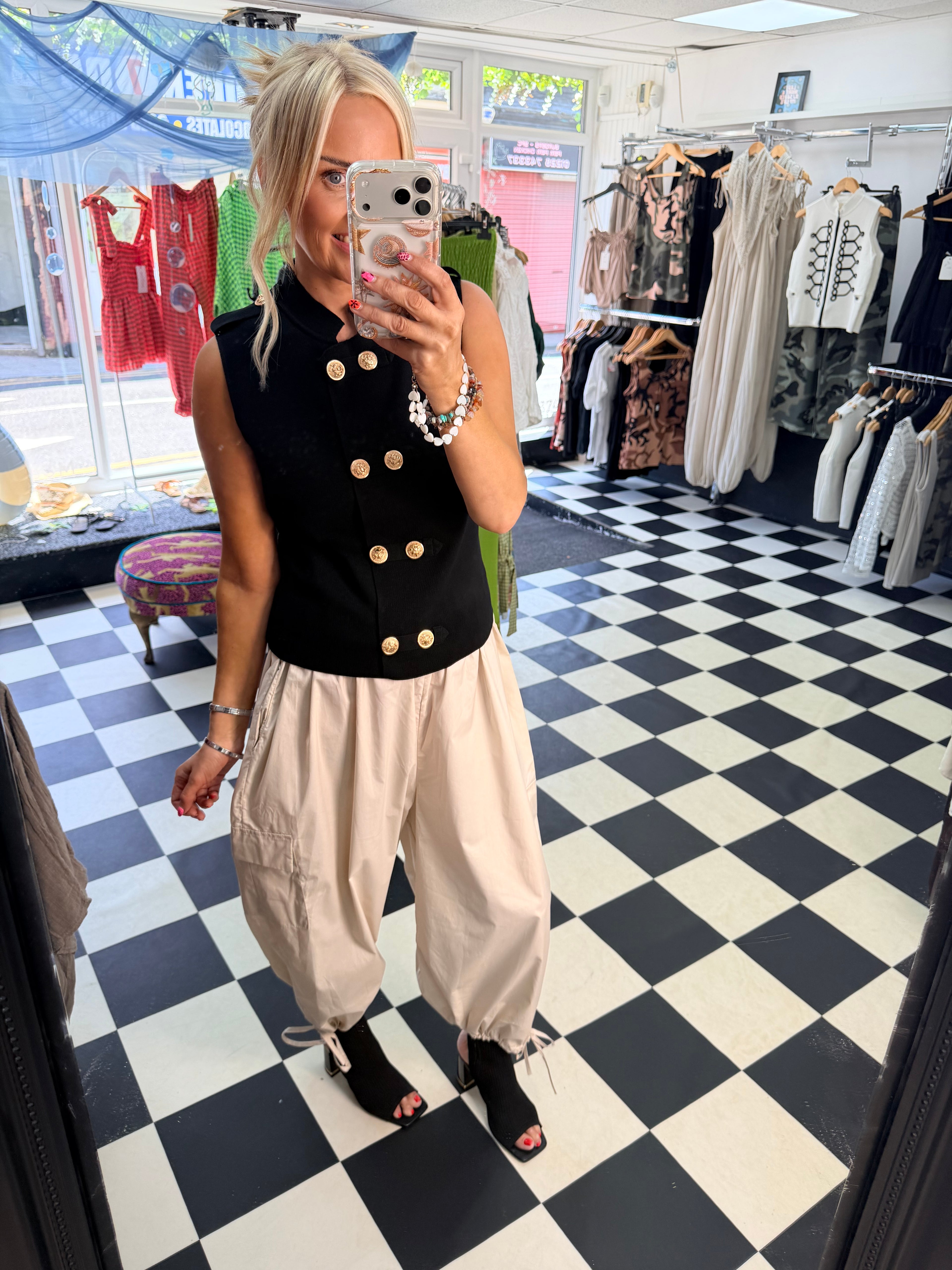 Cargo Trousers crop with tie hem Cream
