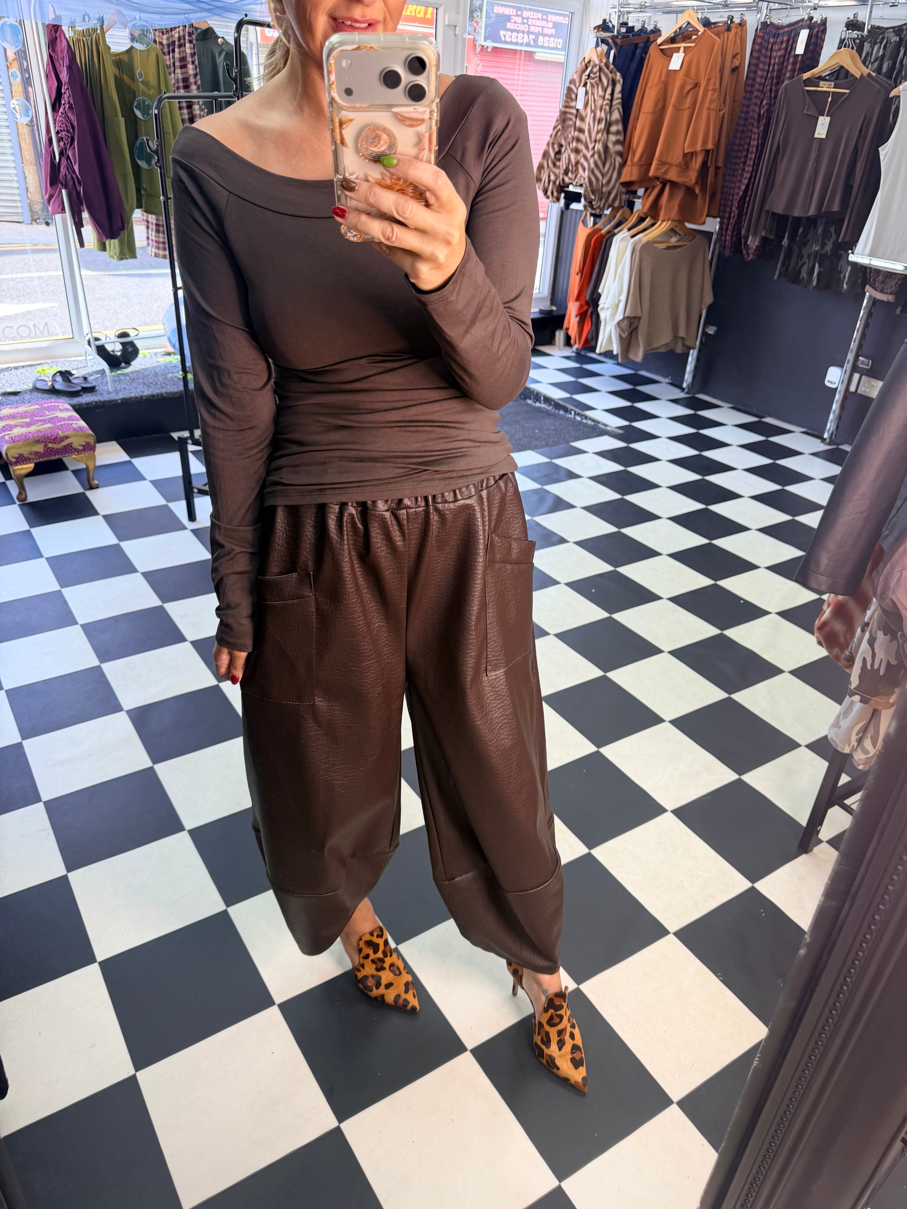 PU Tulip Trousers Chocolate