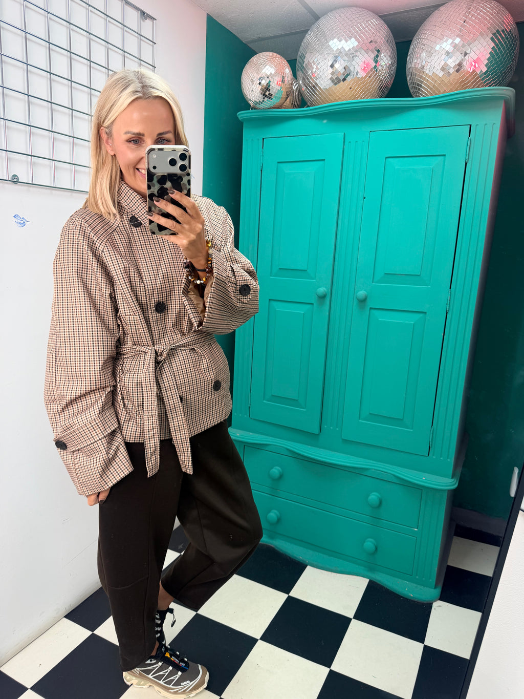 Belted Check Trench Jacket