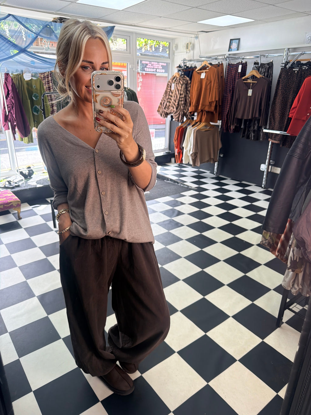 V Neck Cardigan Taupe