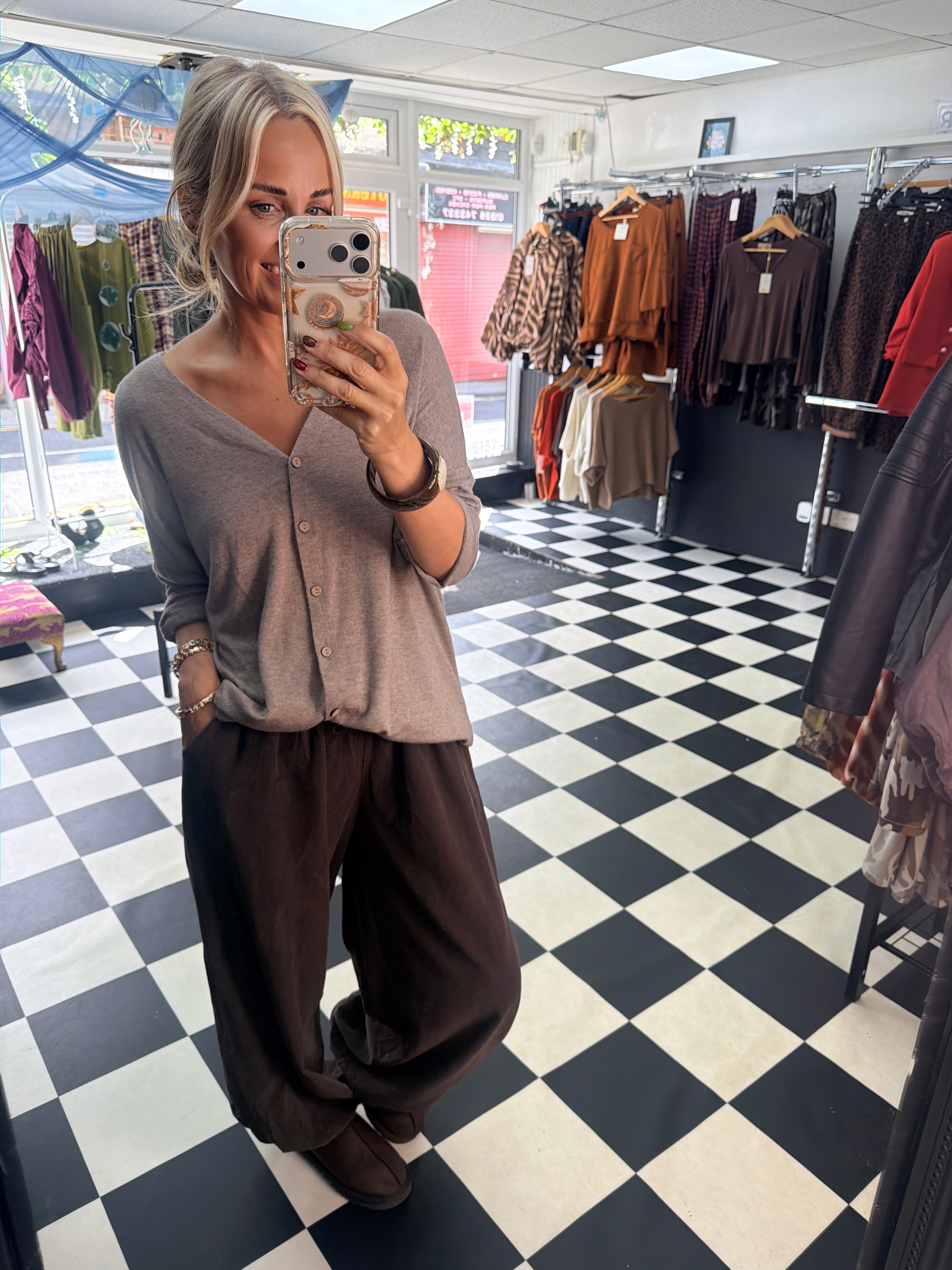V Neck Cardigan Taupe