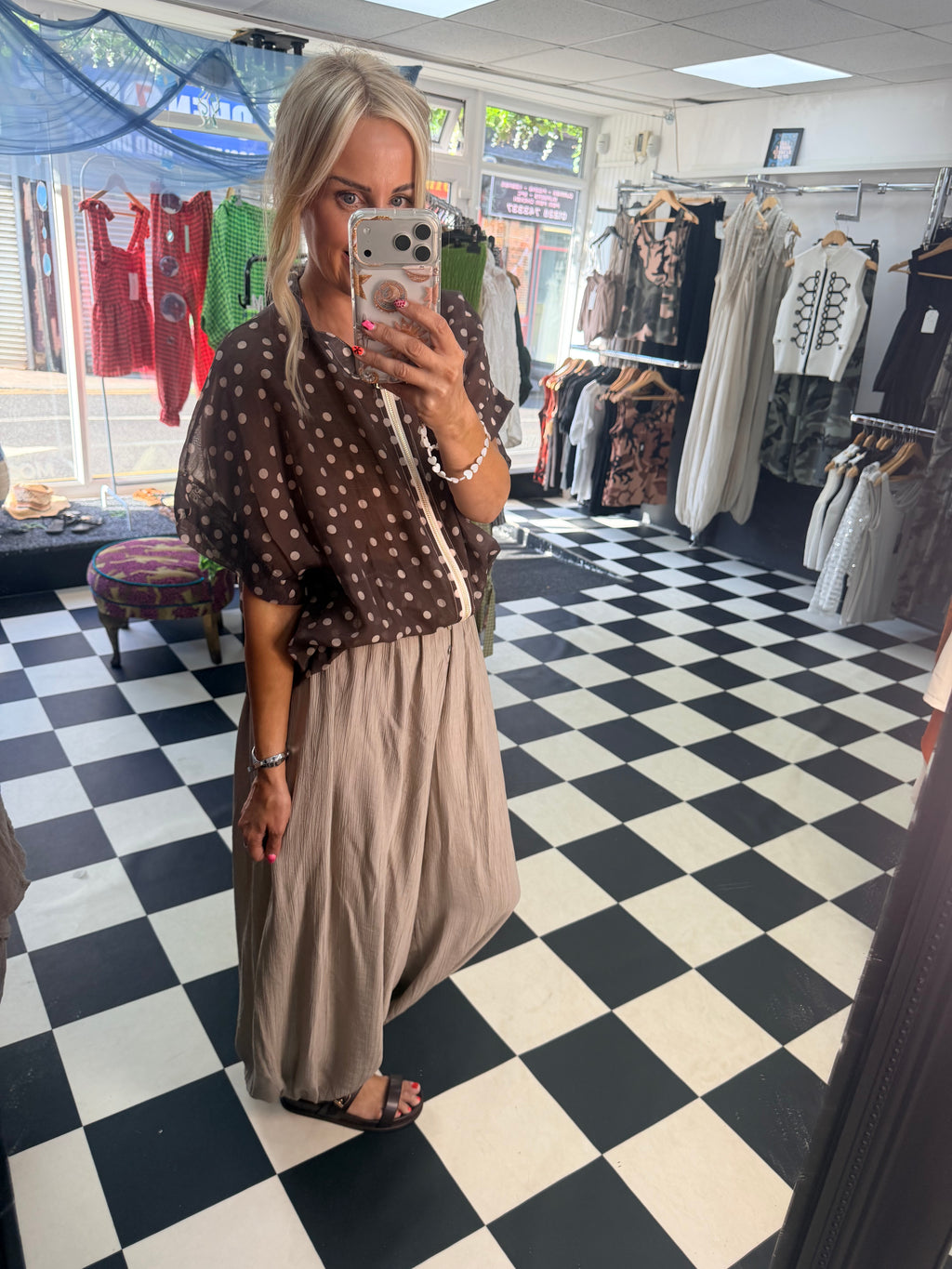 Lightweight Cropped Sleeve Jacket - Chocolate Polka Dot