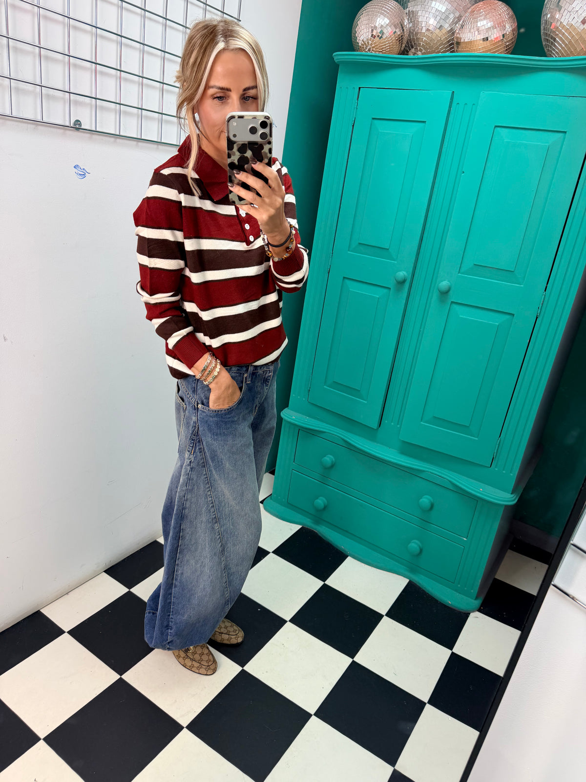 The Stripe Club Polo Jumper Wine-Choc-Cream Special buy