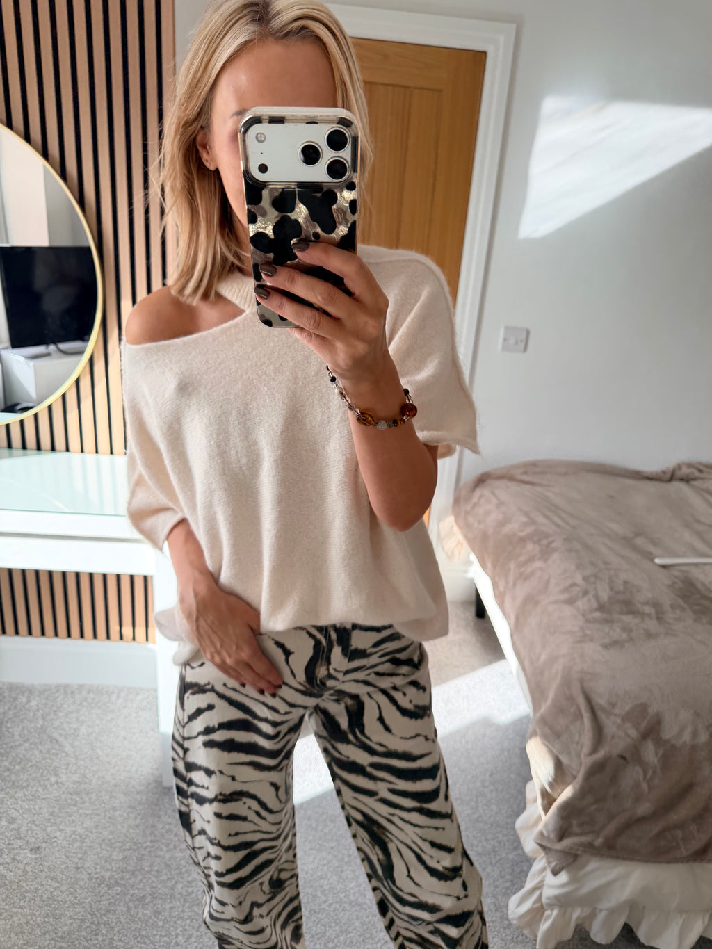 Slash Neck Jumper Cream  Short Sleeve