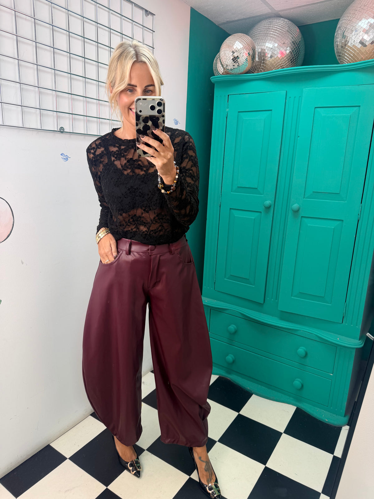 Bella Faux Leather Barrel Trousers Wine