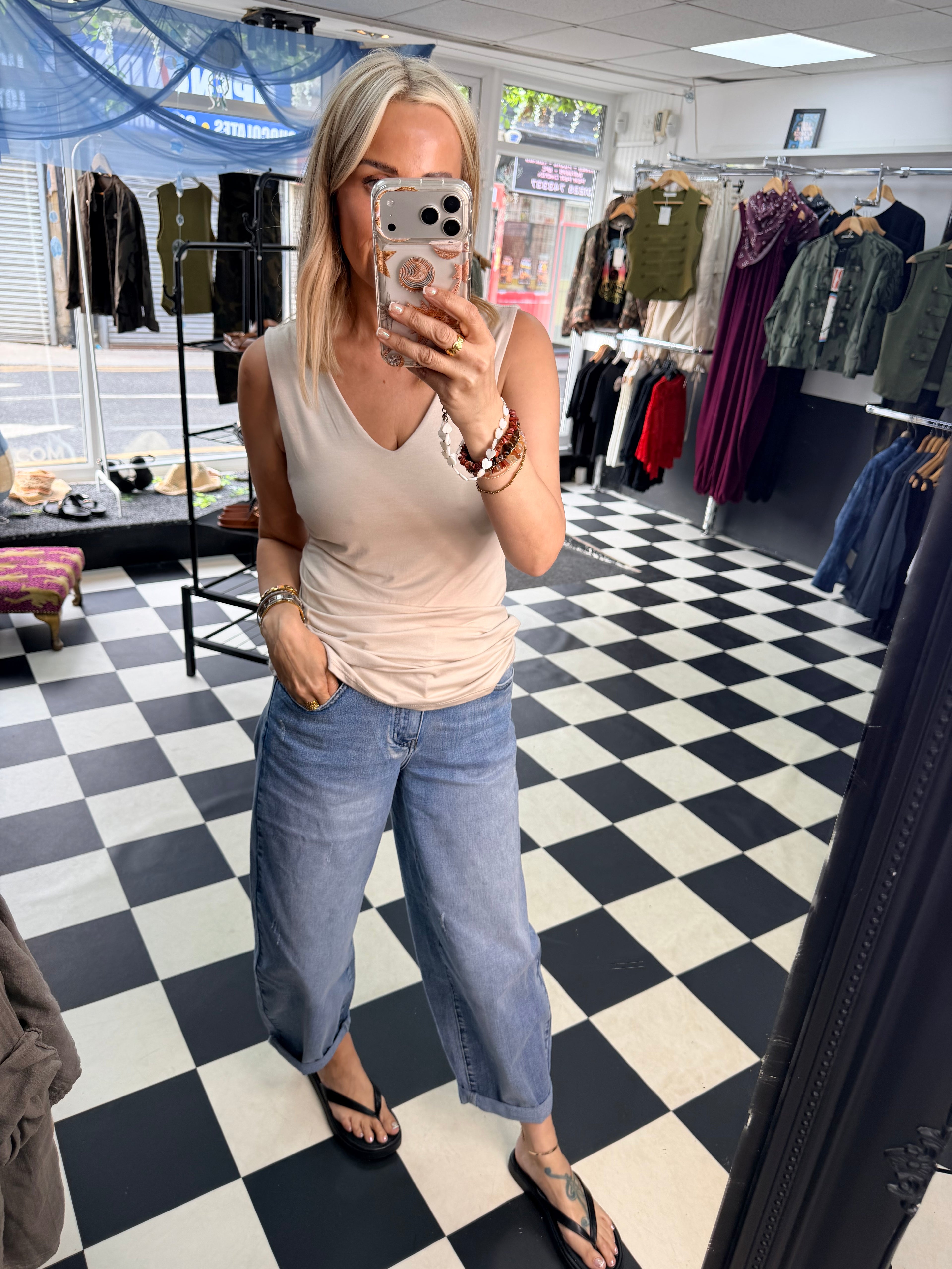 V Neck Basic Vest Cream
