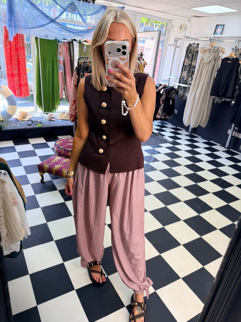 Check Tie Hem Trousers Rose Pink