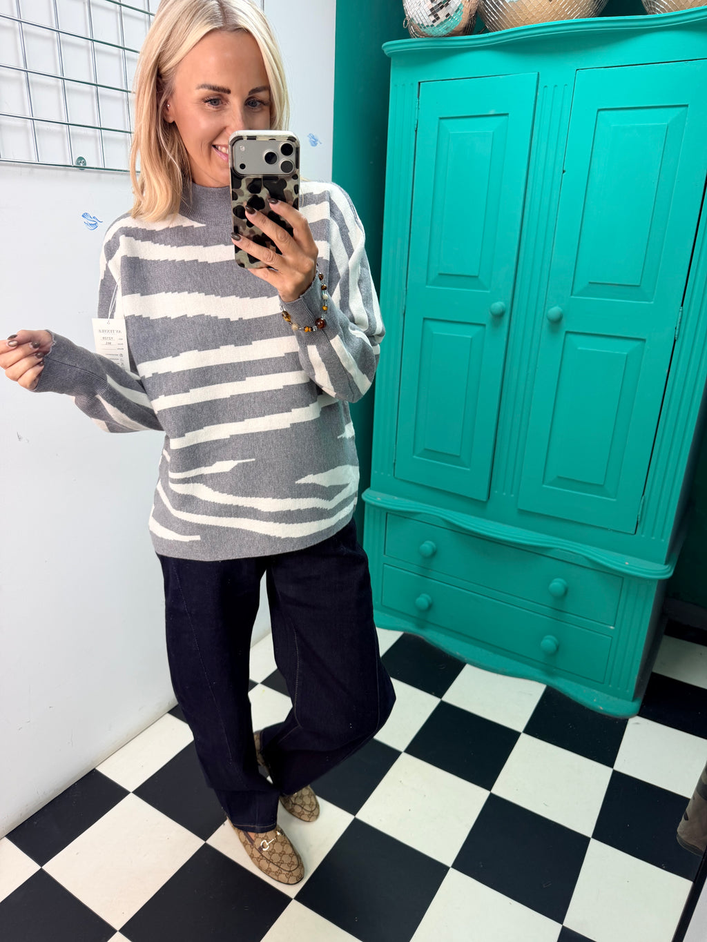 Turtle Neck Jumper Lightning Print Grey Special Buy