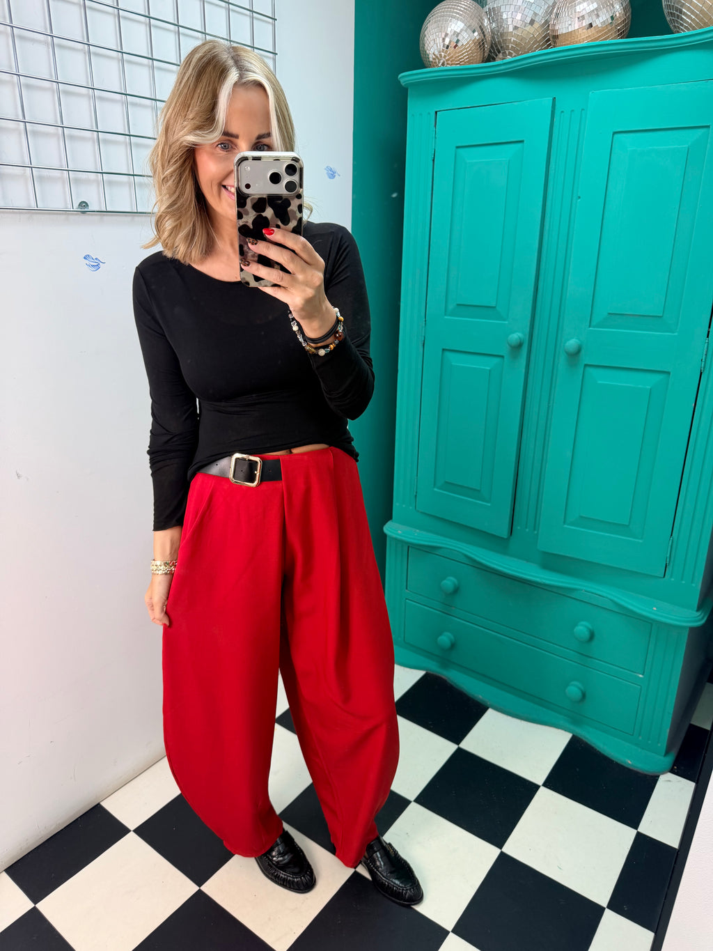 The Harper Half Belt Barrel Trousers Red Pre Order Due in within a week