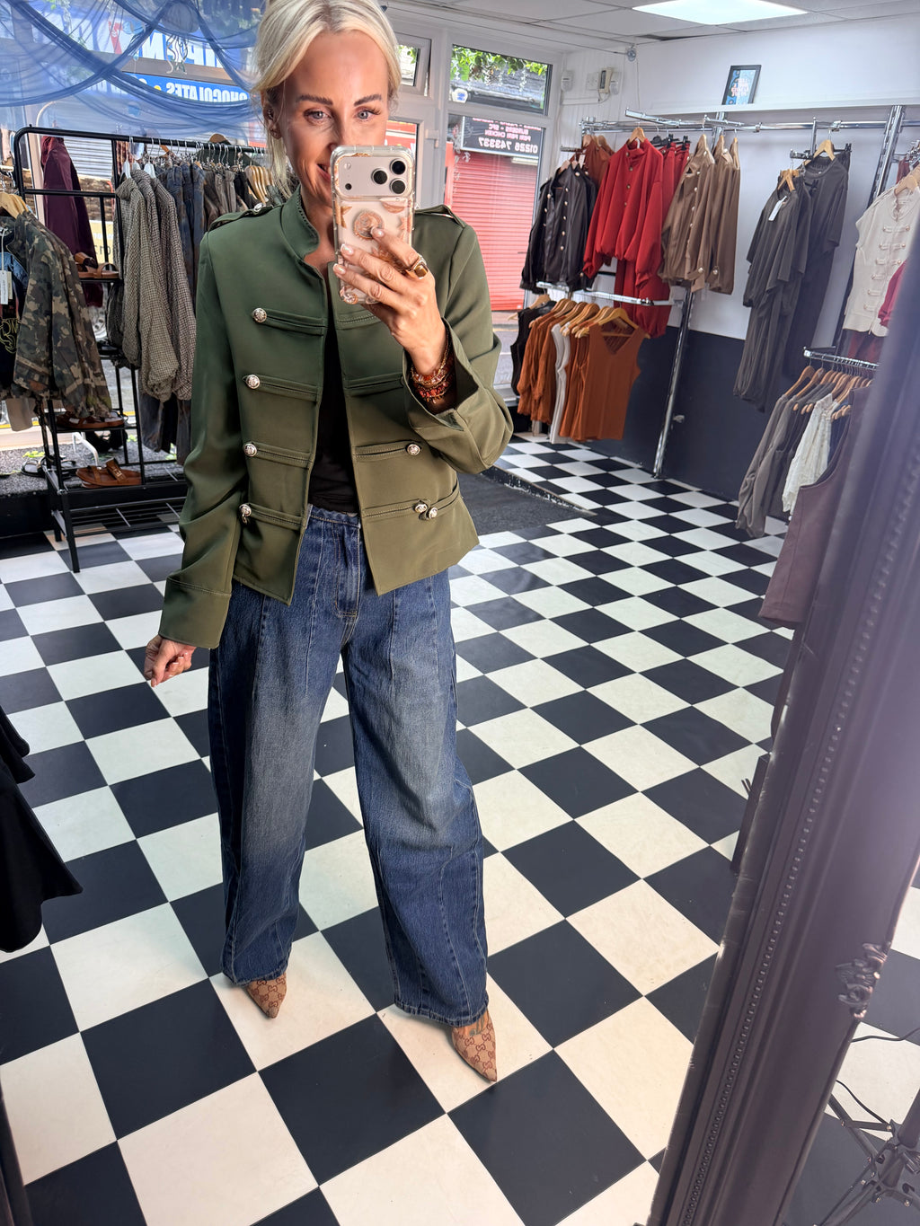 Cropped Military Long Sleeve Blazer Khaki