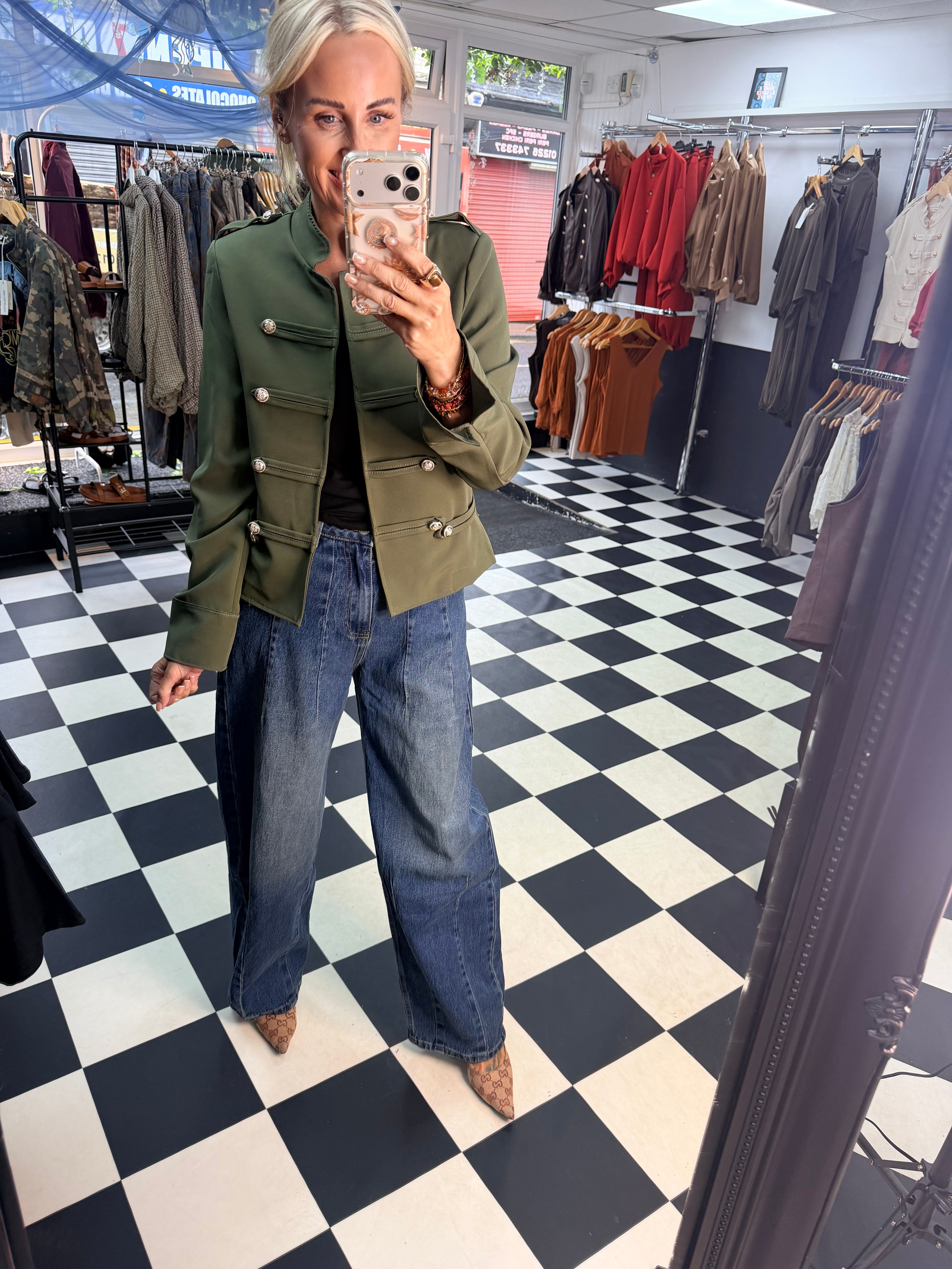 Cropped Military Long Sleeve Blazer Khaki