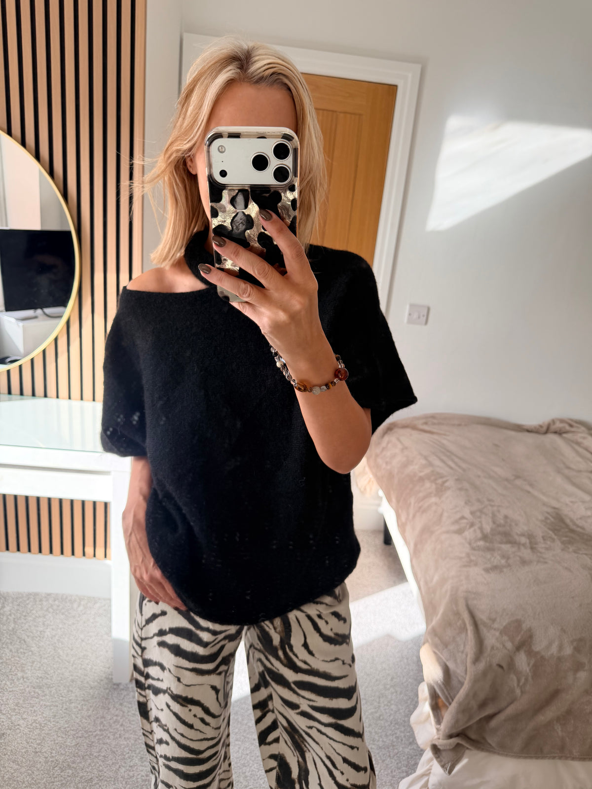 Slash Neck Jumper Black Short Sleeve