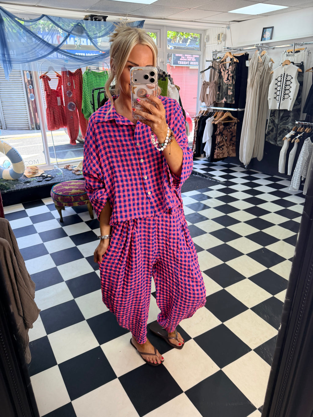 Neon Gingham Shirt Blue and Hot pink