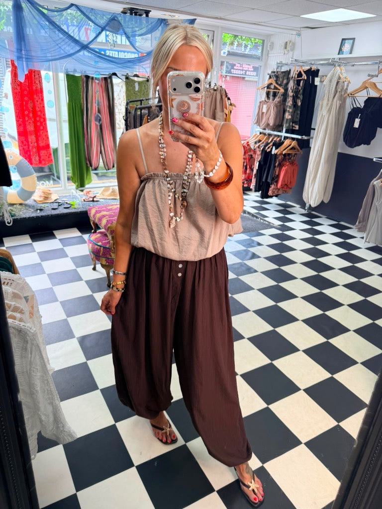 Button Balloon trousers - Chocolate Pre order Due in Monday 20th July approx