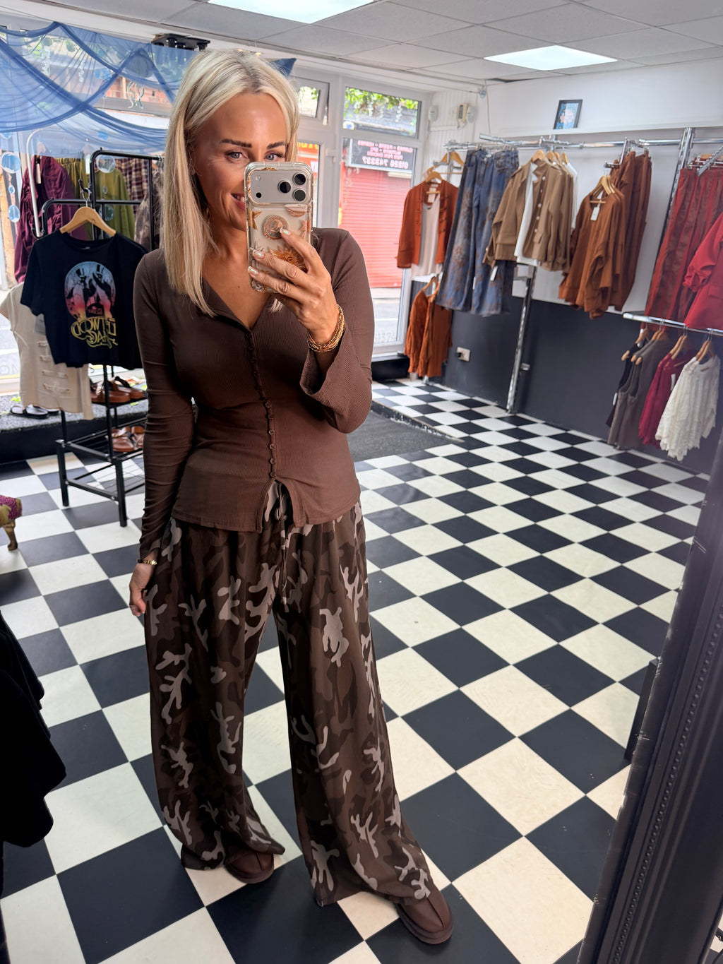 Button Long Sleeve Top Chocolate