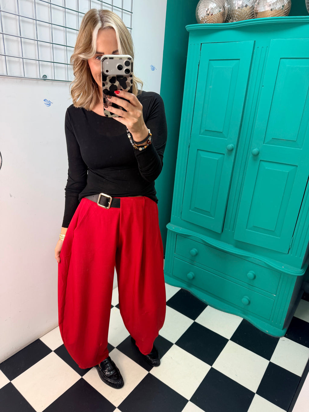 The Harper Half Belt Barrel Trousers Red Pre Order Due in within a week