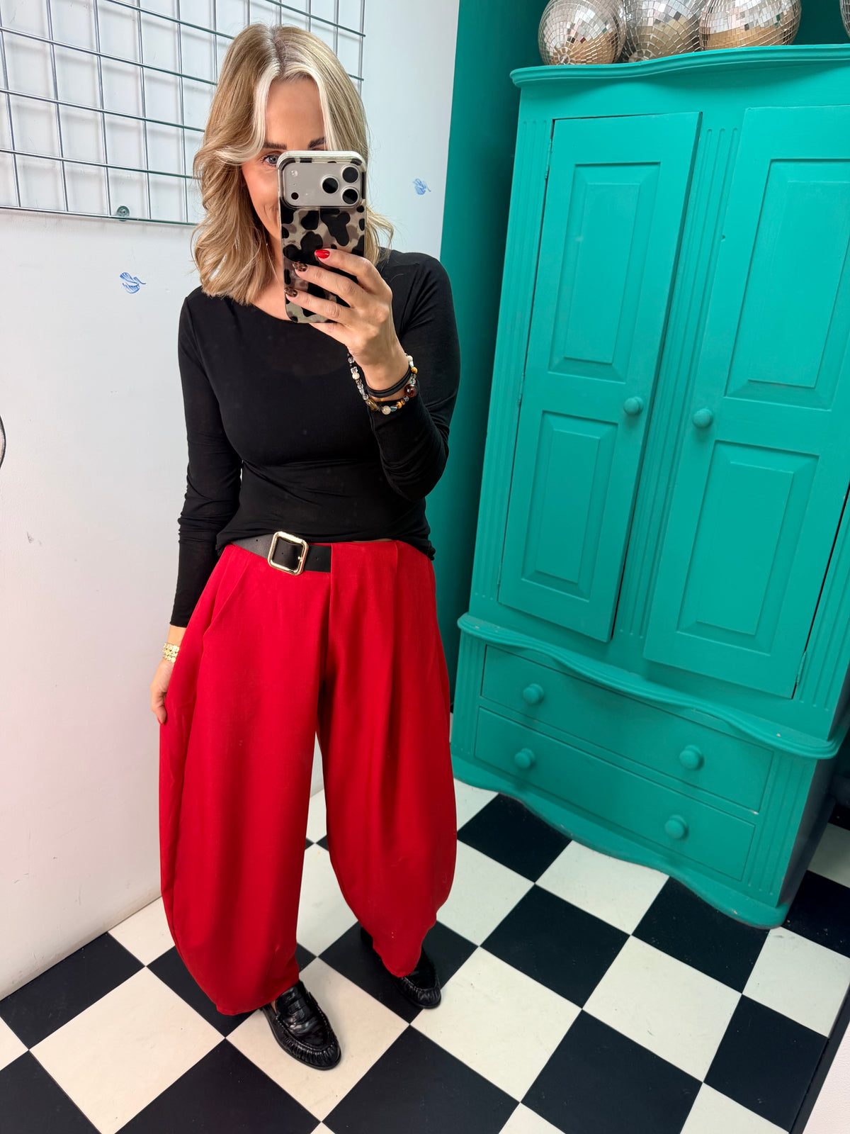 The Harper Half Belt Barrel Trousers Red Pre Order Due in within a week