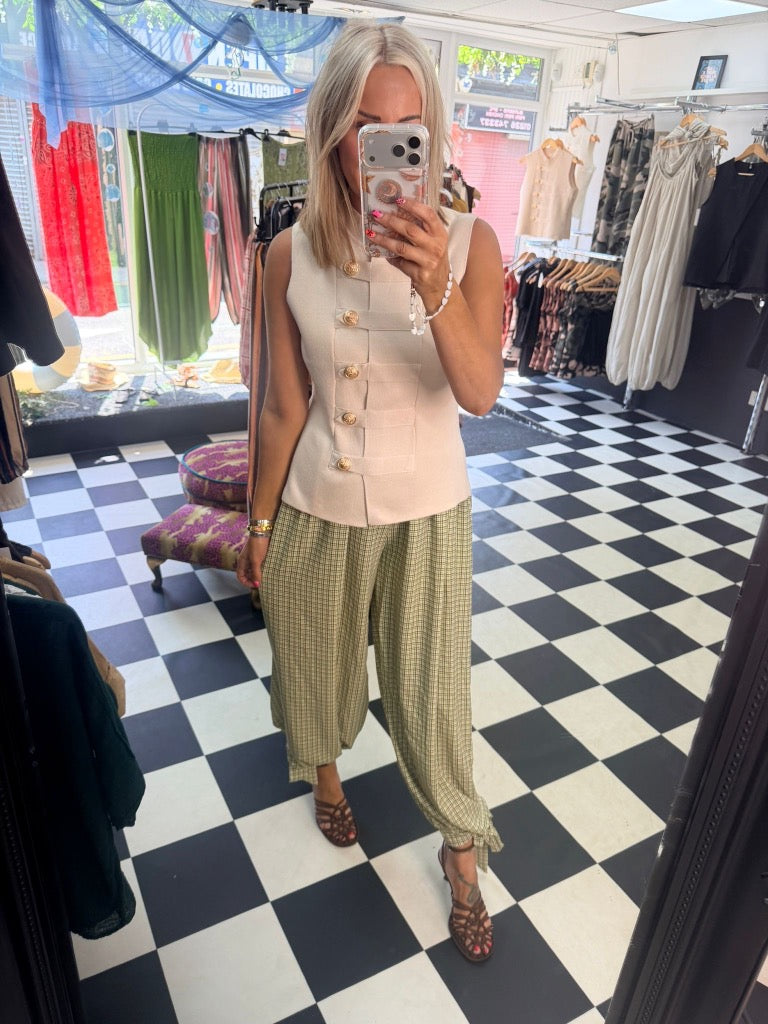 Check Tie Hem Trousers Green