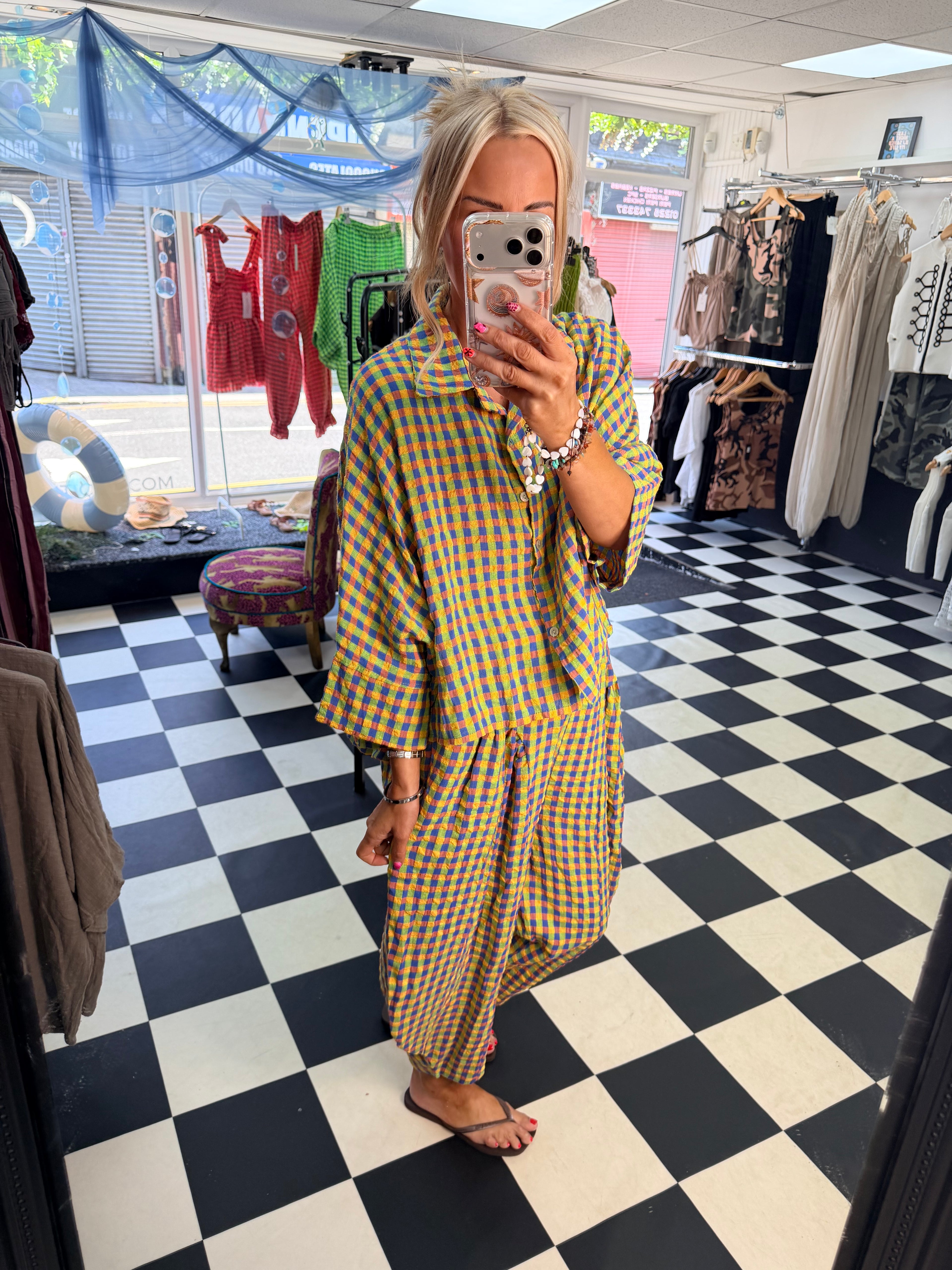 Neon Gingham Shirt Green and Blue