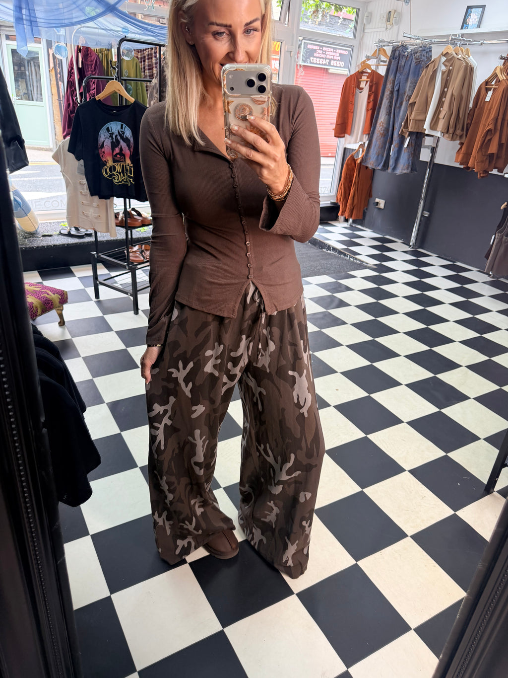 Button Long Sleeve Top Chocolate