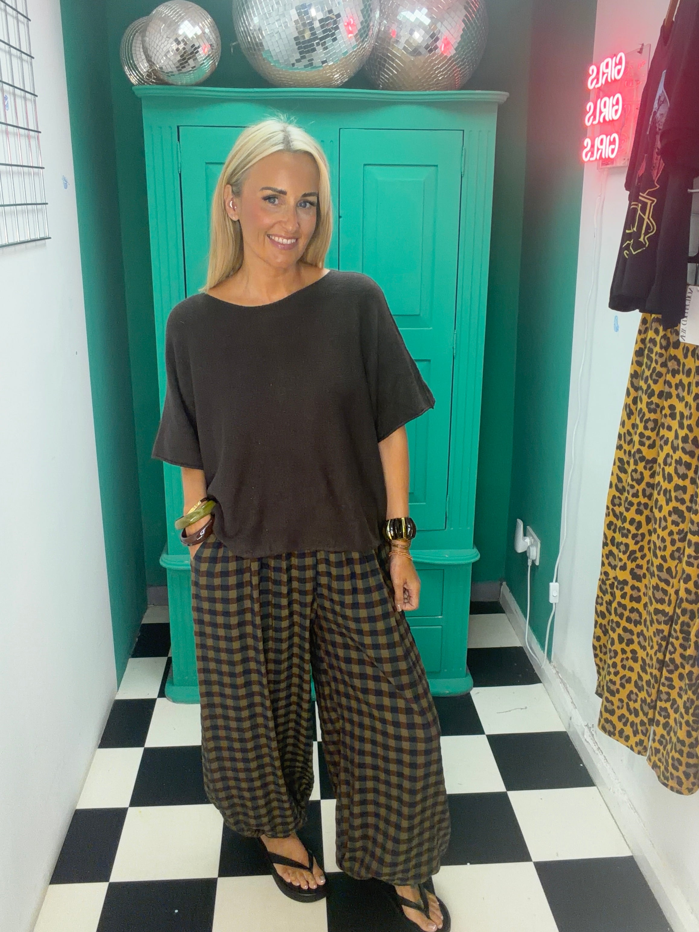 Autumn Check Balloon Trousers Green/Navy