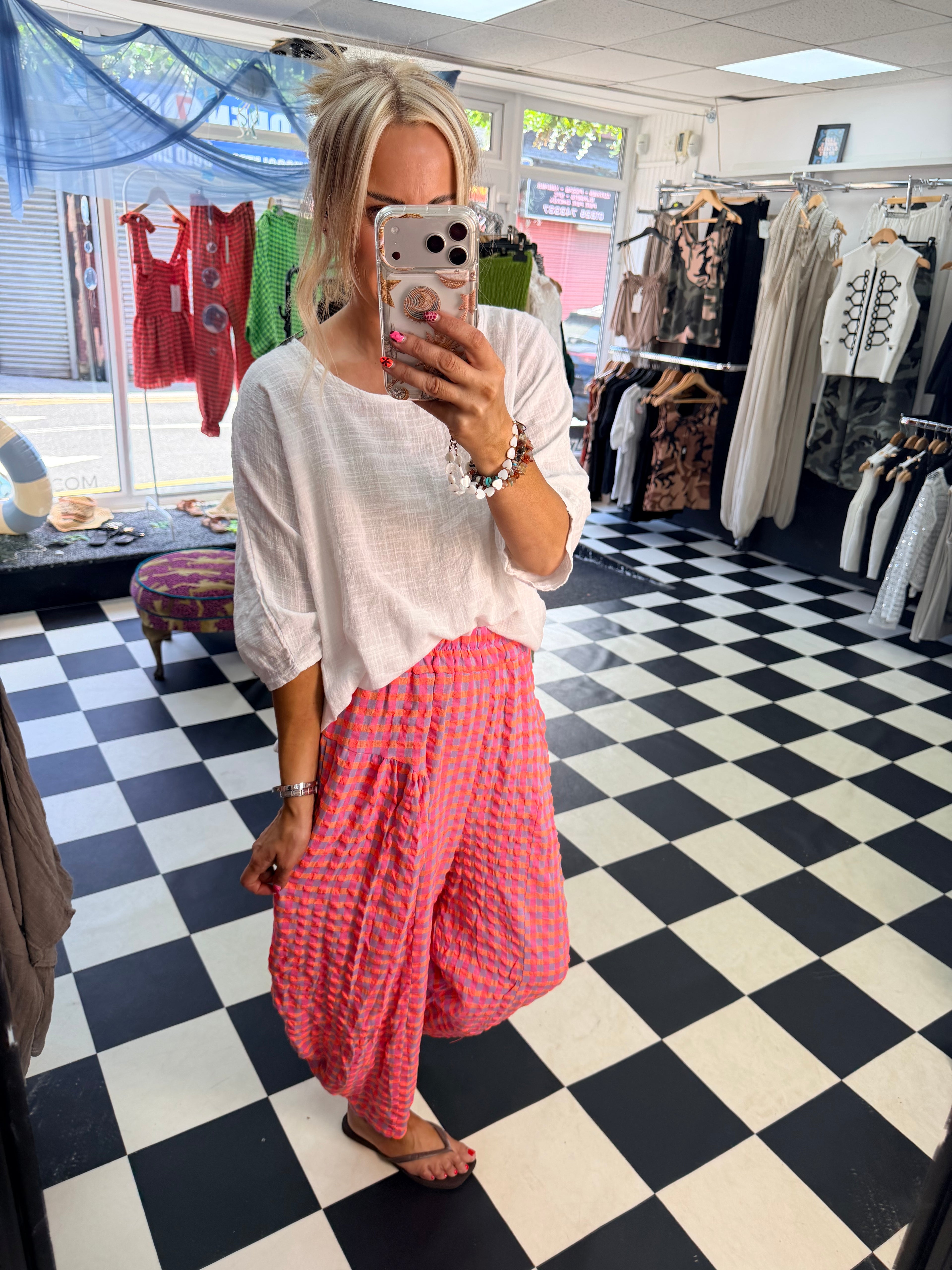 Neon gingham barrel leg trousers Fuchsia/orange