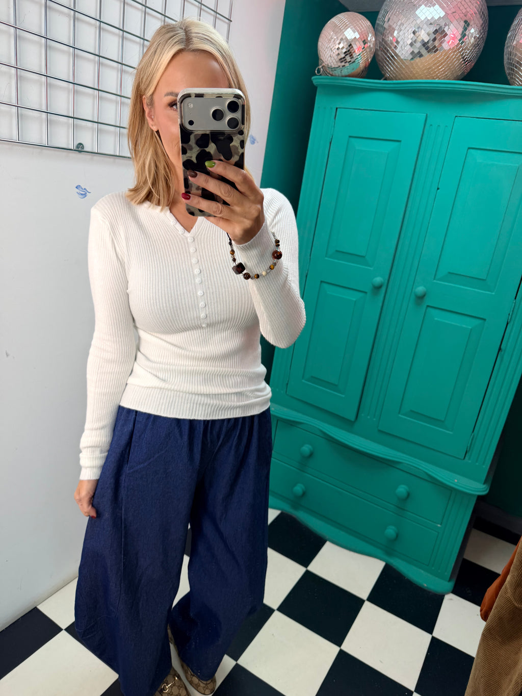 Ribbed Button Down Top White