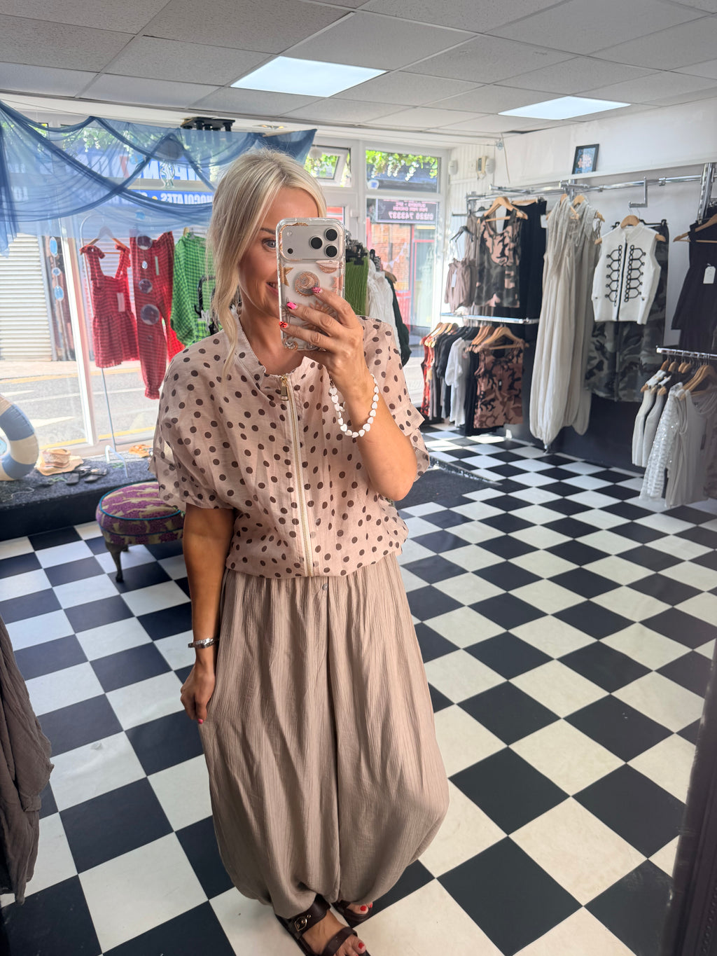 Lightweight Cropped Sleeve Jacket - Cream Polka Dot
