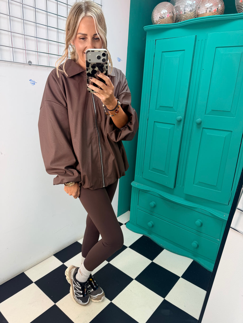 City Chic Leather-Look Bomber Jacket Chocolate Special Buy